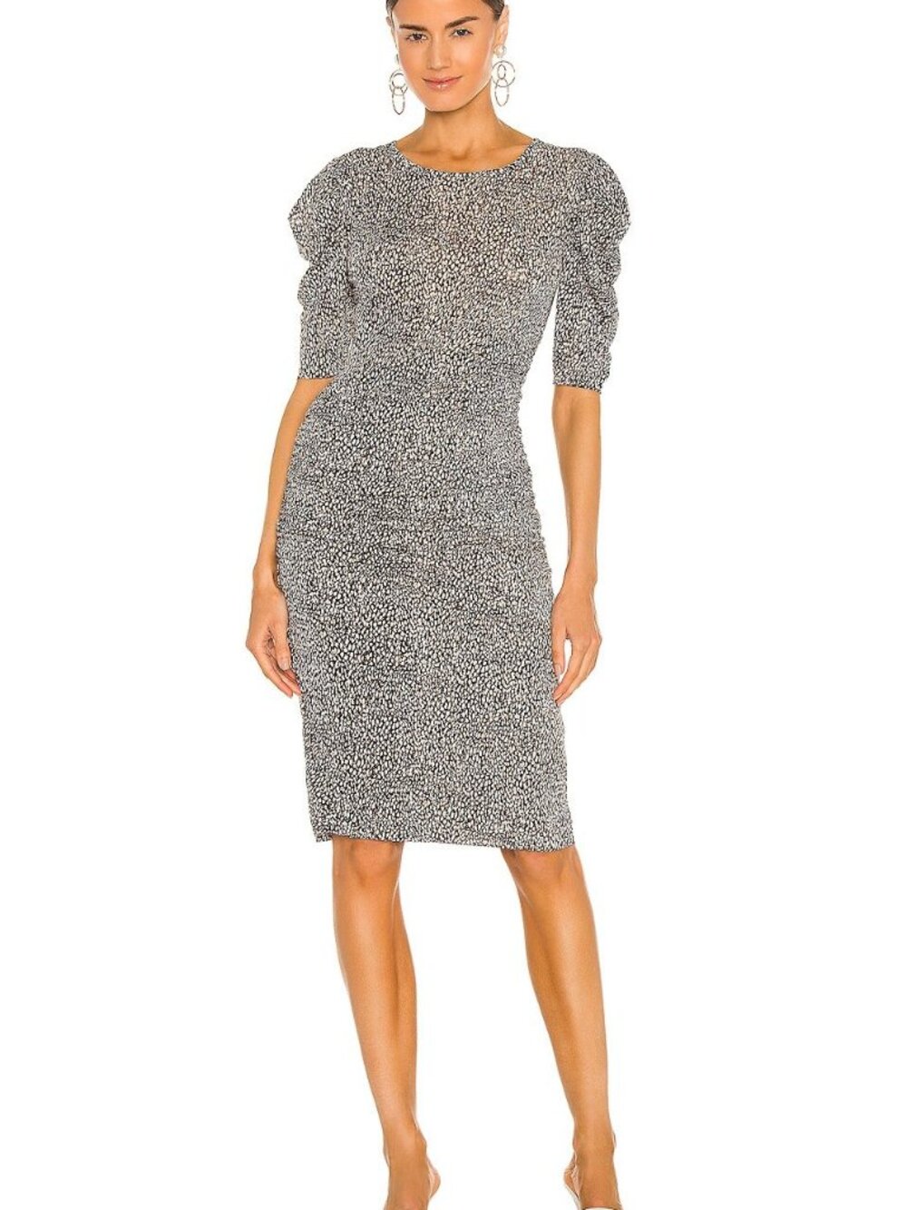 Joie Black & Cream Printed Mesh Ruched Sheath Midi Dress Size S
